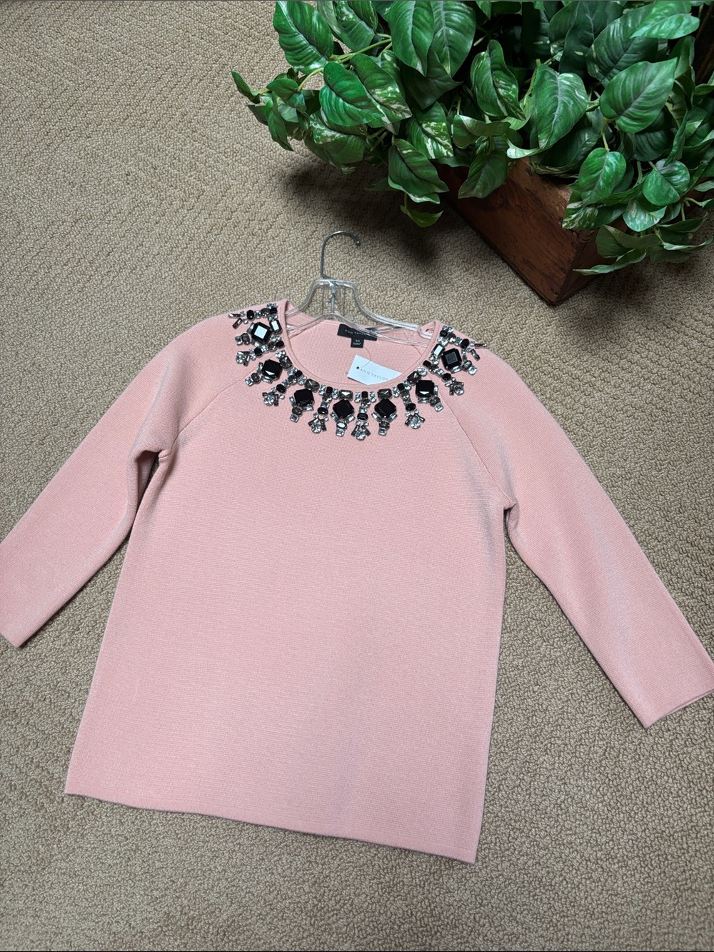 Ann Taylor Pink Jeweled Neck Sweater